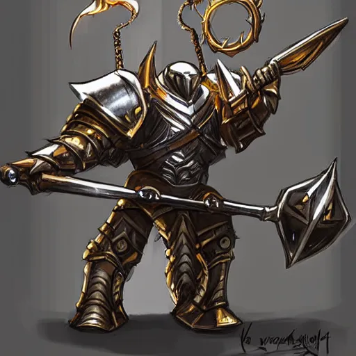 Image similar to a concept art of a strong antropomorphic dragon paladin knight with his shiny armature and a big war hammer. orb light