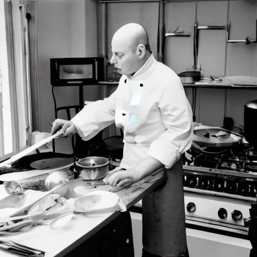 Image similar to brian eno cooking in the studio, high quality press photo,