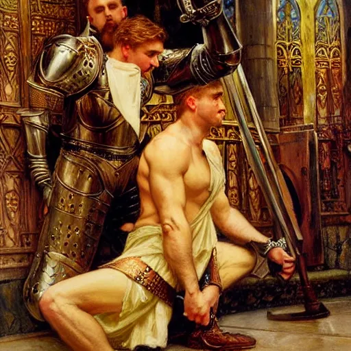 Image similar to attractive fully clothed arthur pendragon confesses his love for his attractive fully clothed male knight. highly detailed painting by gaston bussiere and j. c. leyendecker 8 k