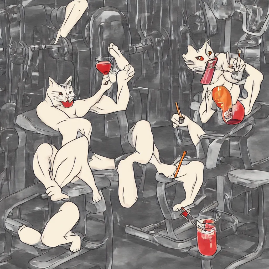Prompt: a cat drinking a cocktail with a straw, sitting on the bench of a bodybuilding machine, anime art style