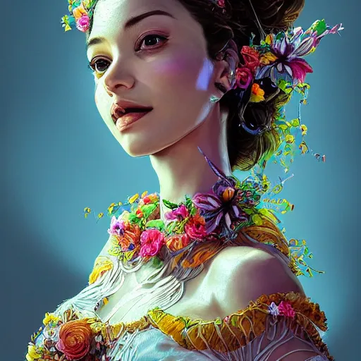 Image similar to the portrait of an absurdly beautiful, graceful, elegant young latina woman made of bananas and petals looking up, an ultrafine detailed illustration by kim jung gi, irakli nadar, intricate linework, bright colors, octopath traveler, final fantasy, angular, unreal engine 5 highly rendered, global illumination, radiant light, detailed and intricate environment