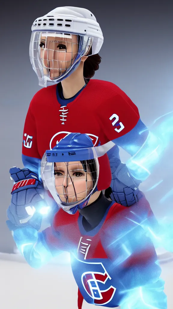 Image similar to habs, female ice hockey player, high-tek helmet, futuristic, unreal engine, lasers, 8k, artstation