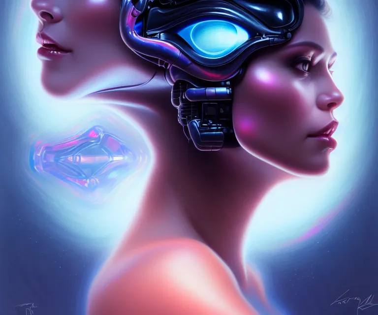 Image similar to beauty woman with detailed faces, in holograms of alien artifacts, electrical case display, total recall tech, , ultrarealistic, dramatic lighting, electrical details, high details, 4k, 8k, best, accurate, trending on artstation, artstation, photorealism, ultrarealistic, digital painting, style of Peter Mohrbacher, Caravaggio, Boris Vallejo