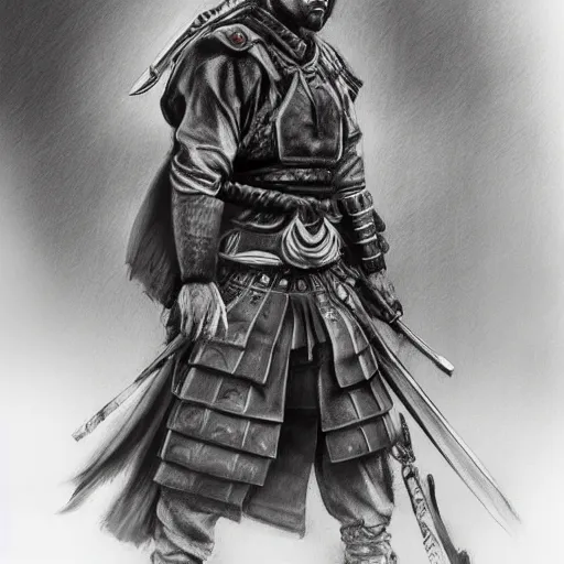 Prompt: Kurdish samurai, detailed charcoal sketch, realistic, incredibly detailed, award winning art, cinematic, extremely high detail, concept art, 4k fantasy art, trending on artstation, full body shot