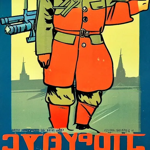 Image similar to soviet propaganda poster depicting a capybara in military uniform