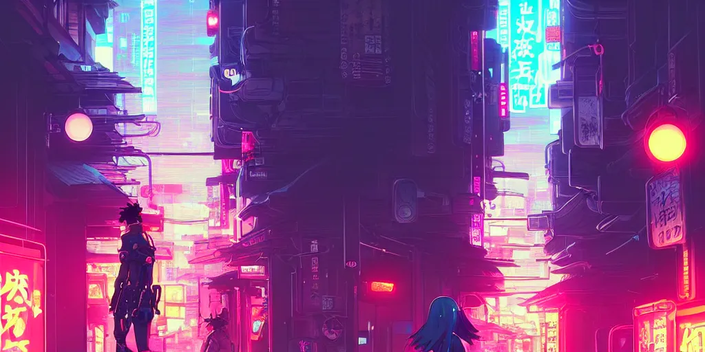 Prompt: digital illustration closeup of cyberpunk samurai in city street at night by makoto shinkai, ilya kuvshinov, lois van baarle, rossdraws, basquiat | afrofuturism, in the style of hearthstone, trending on artstation | cool color scheme