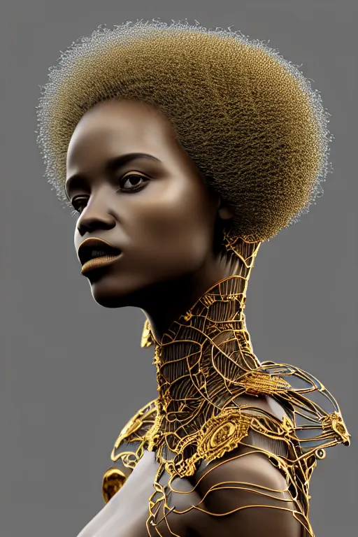 Prompt: complex 3d render ultra detailed of a beautiful porcelain profile afro woman face, biomechanical cyborg, analog, 150 mm lens, beautiful natural soft rim light, big leaves and stems, roots, fine foliage lace, Alexander Mcqueen high fashion haute couture, earring, art nouveau fashion embroidered, steampunk, intricate details, satin silver beautiful gold metal details, mesh wire, mandelbrot fractal, anatomical, facial muscles, cable wires, microchip, elegant, hyper realistic, ultra detailed, octane render, H.R. Giger style, volumetric lighting, 8k post-production