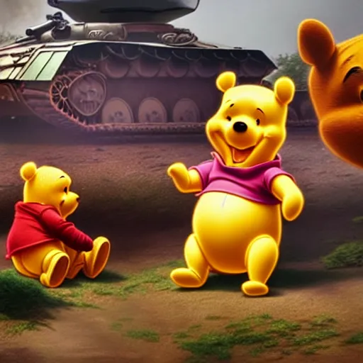 Image similar to winnie the pooh protesters sit down in front of tank at tiananman square, cute and cuddly, highly detailed, photorealistic, octane render, 8 k, unreal engine. art by artgerm and greg rutkowski and alphonse mucha