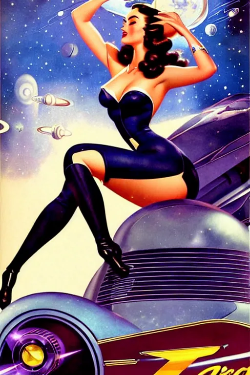 Prompt: beautiful retro space megan fox varga girl sitting on a space car in diesel punk city, windblown dark hair, retro pinup model, seductive, 1 9 4 0, glamour pose, intricate, smoke, hyper detailed, digital art, smooth, sharp focus, alberto vargas, gil elvgren, greg rutkowski, propaganda poster