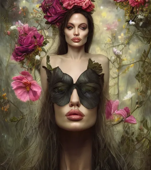 Prompt: portrait of the young angelina jolie of the underworld, surrounded by flowers by karol bak, james jean, tom bagshaw, rococo, trending on artstation, cinematic lighting, hyper realism, octane render, 8 k, hyper detailed.