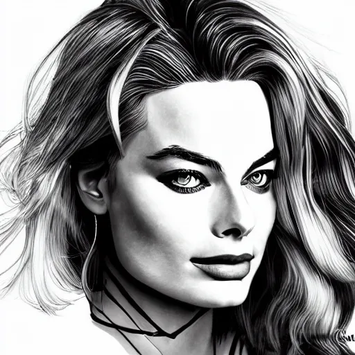 Image similar to a portrait of margot robbie, anime art style, highly realistic, highly detailed, sharp