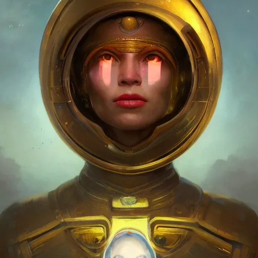 Prompt: breathtaking soft painting of cyclope with a third eye in her forehead with an intricate retrofuturistic helmet in a golden sky, realistic symmetrical face features, rembrandt style, elegant, highly detailed, artstation, concept art, matte, sharp focus, art by tom bagshaw, and greg rutkowski