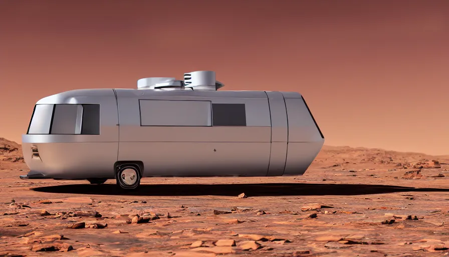Prompt: professional photograph of a beautiful futuristic chrome Winnebago designed by Buckminster Fuller in a picturesque desert on Mars. The Winnebago is floating, and has no wheels. Astronauts are standing nearby, racking focus, extreme panoramic, Dynamic Range, HDR, chromatic aberration, Orton effect intricate, elegant, highly detailed, artstation