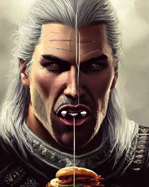 Prompt: portrait of geralt of rivia stuffing a hamburger in his mouth, fantasy, intricate, elegant, highly detailed, digital painting, artstation, concept art, smooth, sharp focus, illustration, by artgerm and greg rutkowski