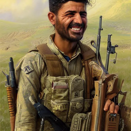 Prompt: a portrait of a happy Kurdish YPJ soldier, detailed, centered, digital painting, artstation, concept art, donato giancola, Joseph Christian Leyendecker, WLOP, Boris Vallejo, Breathtaking, 8k resolution, extremely detailed, beautiful, establishing shot, artistic, hyperrealistic, beautiful face, octane render