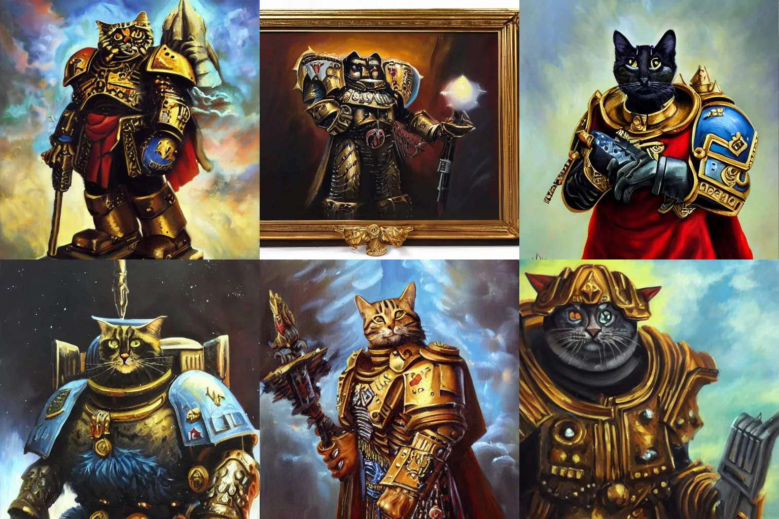 Prompt: an oil painting of a cat as the emperor of Mankind from the Warhammer 40k, Warhammer 40k