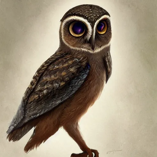 Prompt: a small brown elf owl with blue eyes, artstation, by Anna Podedworna