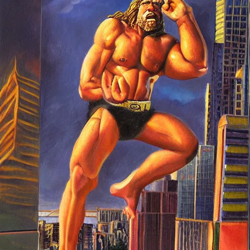 Image similar to giant wwf ultimate warrior holding small woman in his hands climbing a tall building like king kong, highly detailed, oil painting