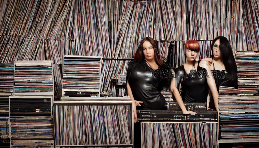 Image similar to warrior women guarding a wall of records, synthesizers, turntables and computers, dark, realistic, intimidating
