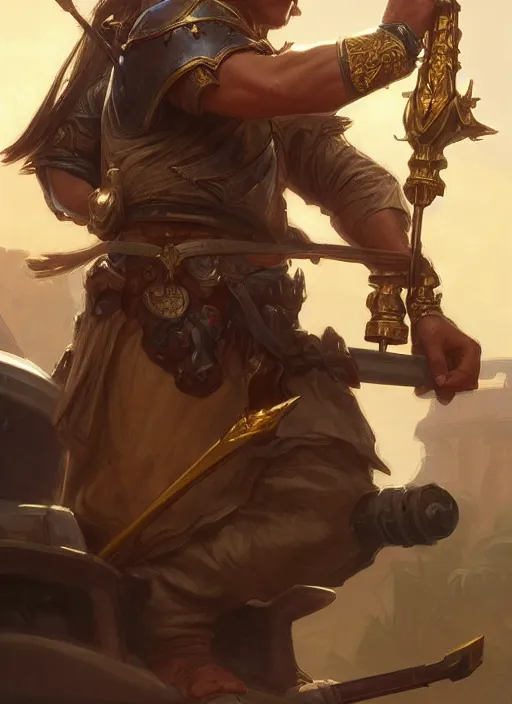 Prompt: a filipino man sitting on a tank holding a golden staff, d & d, fantasy, intricate, elegant, highly detailed, digital painting, artstation, concept art, matte, sharp focus, illustration, hearthstone, art by artgerm and greg rutkowski and alphonse mucha