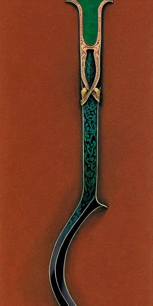 Image similar to a curved sword in the style of zdzisław beksinski, elegant, copper and emerald inlay, brilliant