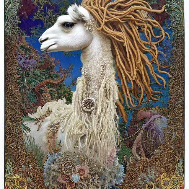 Image similar to llama with dreadlocks, detailed, by ernst haeckel, james jean, mandy jurgens, alphonse mucha, maxfield parrish