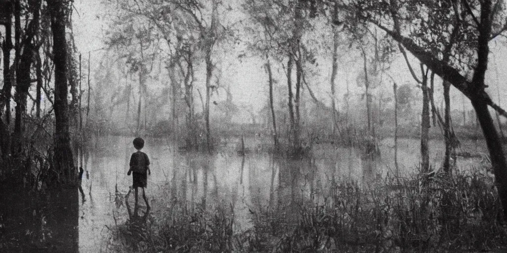 Prompt: A boy walking alongside a channel of water in a dense swamp, photograph taken in 1890, grainy, film grain