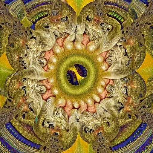 Image similar to fractal of angels in a spiral against the sky in the style of Richard Dadd