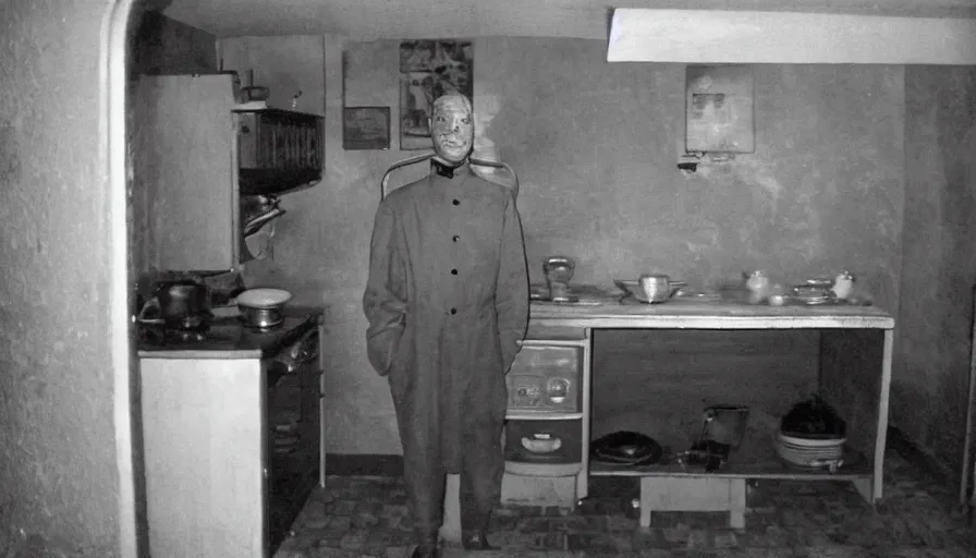 Image similar to a wax man in a stalinist style kitchen, by mini dv camera, very very low quality, heavy grain, very blurry, accidental flash, webcam footage, found footage, security cam, caught on trail cam