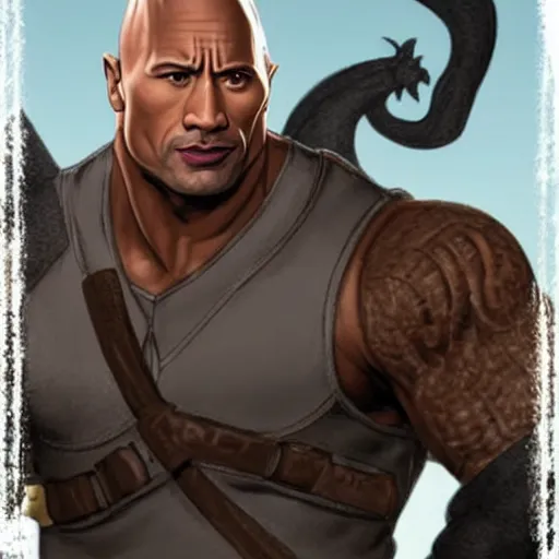 Image similar to dwayne the rock johnson, but he is a dungeons and dragons tiefling. he has overalls and grey skin.