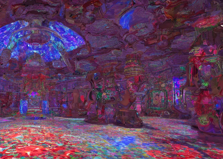 Prompt: interior of an LSD temple, playstation videogame render, 4k, artstation