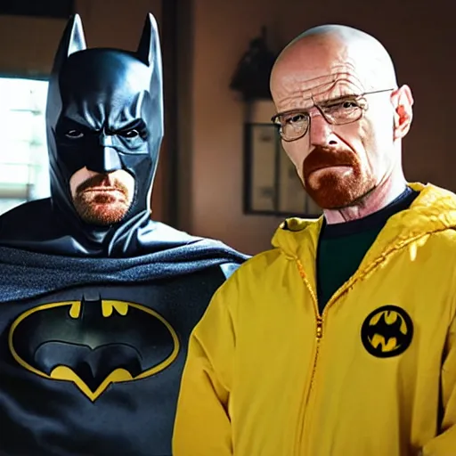 Prompt: Walter White as Batman and Jesse Pinkman as Robin, 8k, high definition, highly detailed, photo realistic