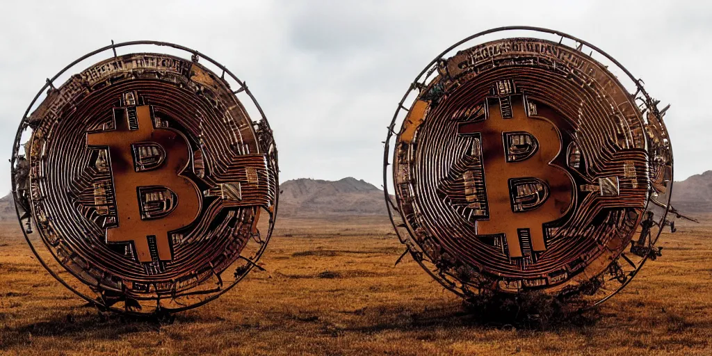 Image similar to giant rusted bitcoin being held by hundreds of the wretched of the earth, decadence decay and despair, dystopian art