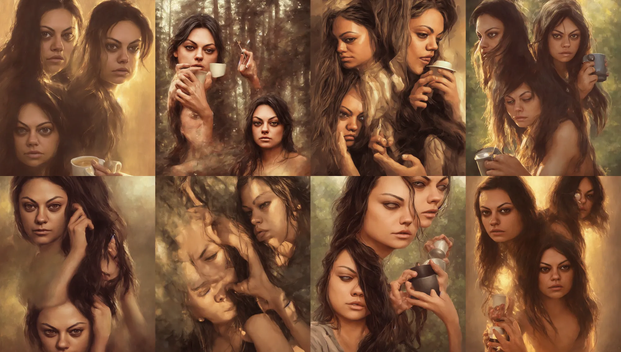 Image similar to close portrait of sleepy mila kunis waking up with coffee, dramatic light, morning golden hour, forest cabin background, 2 0 0 mm focal length, 1 9 7 0 s, painted by stanley lau, painted by greg rutkowski, painted by stanley artgerm, digital art, trending on artstation