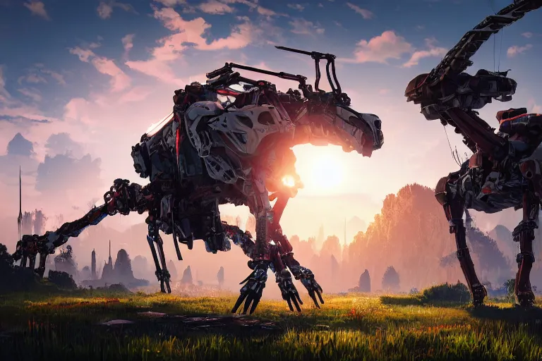 Prompt: longleg machine mecanical creature robot of horizon forbidden west horizon zero dawn radiating a glowing aura global illumination ray tracing hdr fanart arstation by ian pesty and alena aenami artworks in 4 k