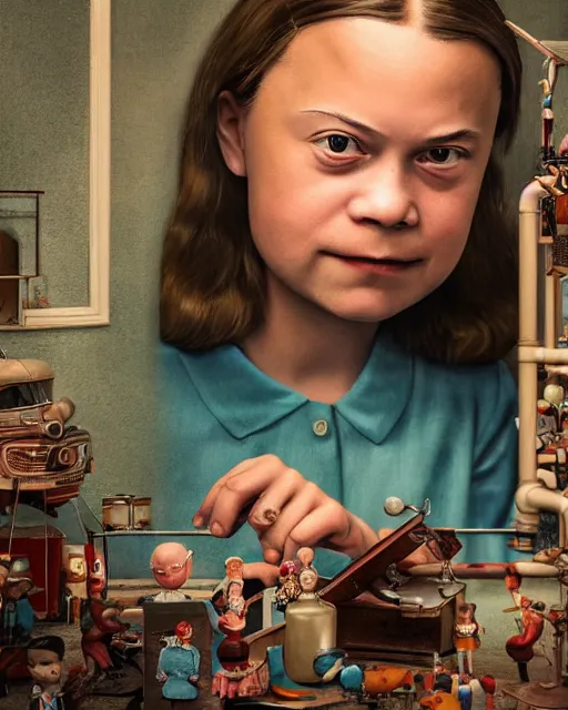 Image similar to closeup face profile portrait of greta thunberg as a tin toy 1 9 5 0 s chemistry teacher, bikini, depth of field, zeiss lens, detailed and intricate environment, fashion photoshoot by nicoletta ceccoli, mark ryden, lostfish, breathtaking, 8 k resolution, artistic, hyperrealistic, octane render