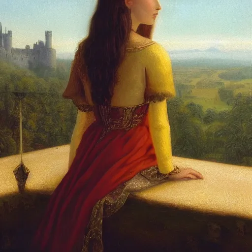 Image similar to very very very beautiful and detailed oil painting of a medieval princess staring sadly out of a castle window onto a sunlit landscape during dusk, 8k