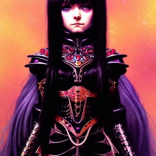 Image similar to portrait of beautiful cute goth girl in warhammer armor, art by kuvshinov ilya and wayne barlowe and gustav klimt