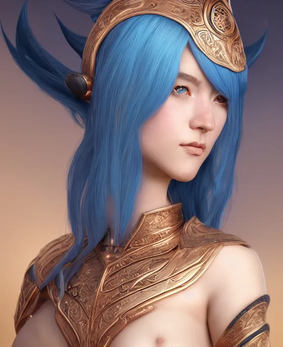Prompt: a beautiful and highly detailed digital portrait of a dignified elf with long blue windswept hair in a rose gold breastplate by artgerm, and lu ji, centered, artsation contest winner, cgsociety, fantasy art, cryengine, concept art, photorealism, daz 3 d, sketchfab, zbrush, vray