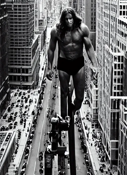 Image similar to portrait of tarzan walk over the street of new york, by charlotte grimm, natural light, detailed face, beautiful features, symmetrical, canon eos c 3 0 0, ƒ 1. 8, 3 5 mm, 8 k, medium - format print, half body shot