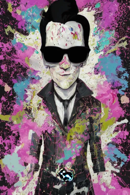 Image similar to wealthy male half necromancer, made of white gucci fabric, pixiv fanbox, dramatic lighting, maximalist pastel color palette, splatter paint, pixar and disney exploded - view drawing, graphic novel by fiona staples and dustin nguyen, peter elson, alan bean, wangechi mutu, clean cel shaded vector art, trending on artstation