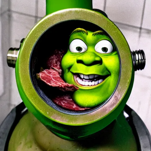 Prompt: shrek in a meat grinder