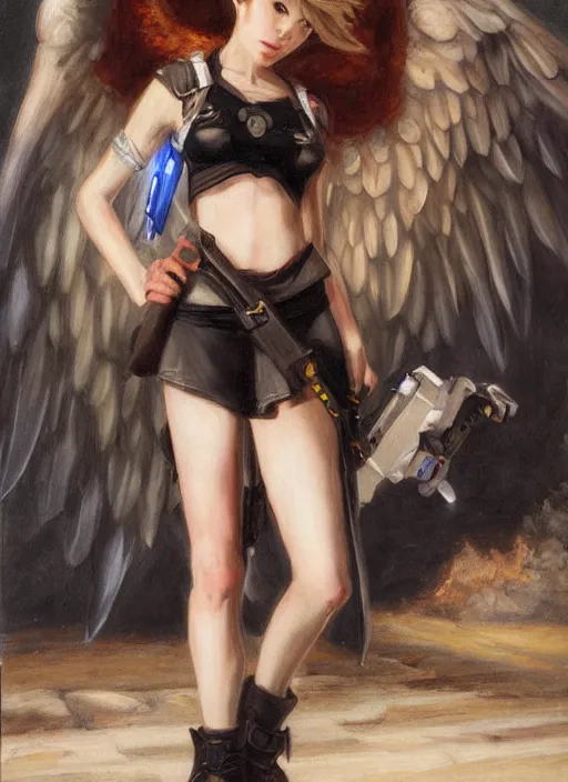 Image similar to oil painting of tracer overwatch in the style of sophie anderson, on knees, angel wings, black outfit, dramatic painting,