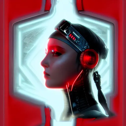 Image similar to realistic digital artwork of cyberpunk female wearing thick leather and steel collar, 4K, red highlights, symmetrical,