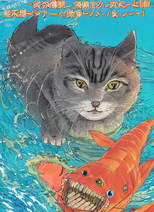 Prompt: japanese magazine cover of one giant cat in the middle of the sea illustrated by miyazaki, hiroyuki kato, keisuke goto, highly detailed, concept art, illustration art