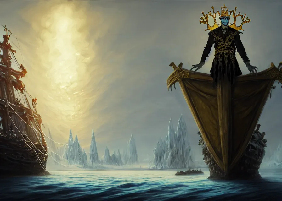 Image similar to frozen zombie king with gold crown, eyes are glowing, broken sailing ship boat in the background, is at dawn and bluish, fantasy, intricate, elegant, highly detailed, digital painting, artstation, concept art, matte, sharp focus, illustration, art by aenaluck and roberto ferri and greg rutkowski, epic fantasy, digital painting