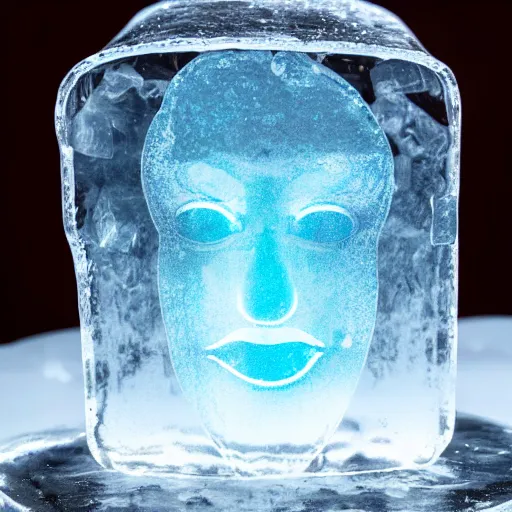 Prompt: see through clear sheet of ice sheet of ice in front of smiling face face face behind ice face behind ice