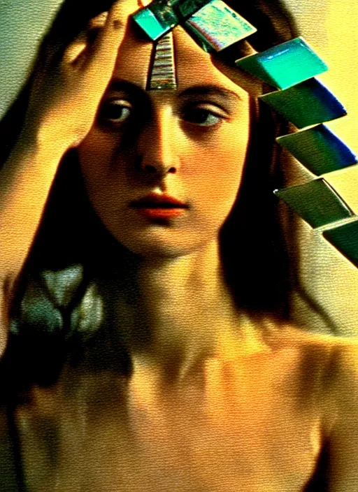 Image similar to 1971 film still from an Italian drama film of a young French actress as the goddess of razor blades. ultra detailed painting at 16K resolution and amazingly epic visuals. epically beautiful image. amazing effect, image looks gorgeously crisp as far as it's visual fidelity goes, absolutely outstanding. vivid clarity. ultra. iridescent. mind-breaking. mega-beautiful pencil shadowing. beautiful face. Ultra High Definition. godly shading. amazingly crisp sharpness. photorealistic film cel processed twice..