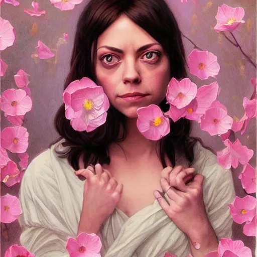 Image similar to pink petals with a ahape of a wonderful aubrey plaza and christina ricci and mila kunis, intricate, elegant, highly detailed, wonderful eyes, sweet, digital painting, artstation, concept art, smooth, sharp focus, illustration, art by artgerm and greg rutkowski and alphonse mucha and william - adolphe bouguereau