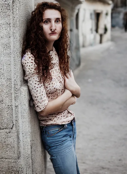 Image similar to Mid-shot portrait of a beautiful 30-year-old woman from Moldova, with freckles and wavy hair, candid street portrait in the style of Mario Testino award winning, Sony a7R